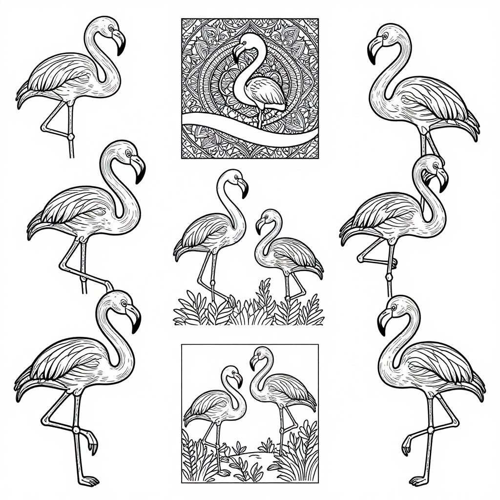 Flamingos coloring pages collection - 30 free printable pages