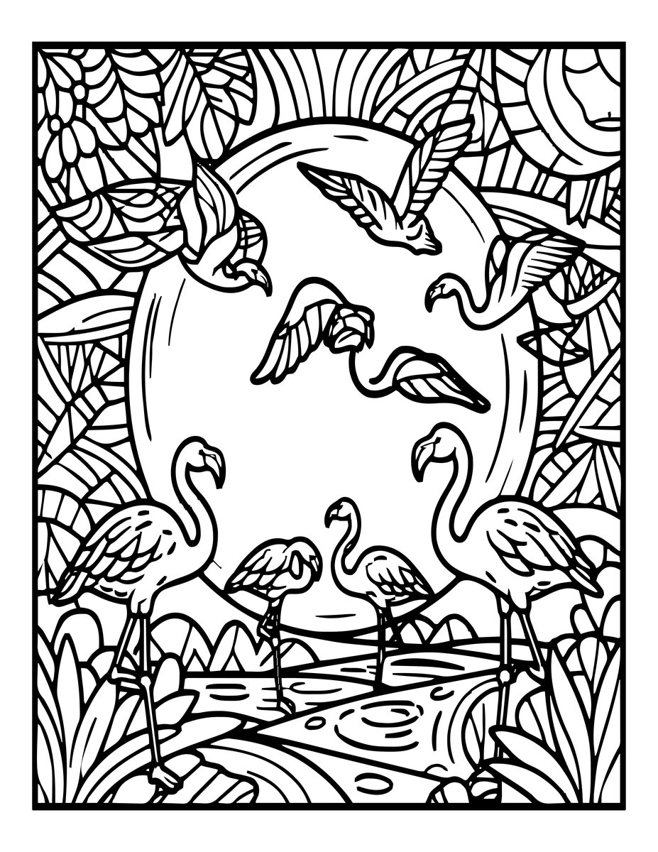 Flamingo and Moon - free printable coloring page