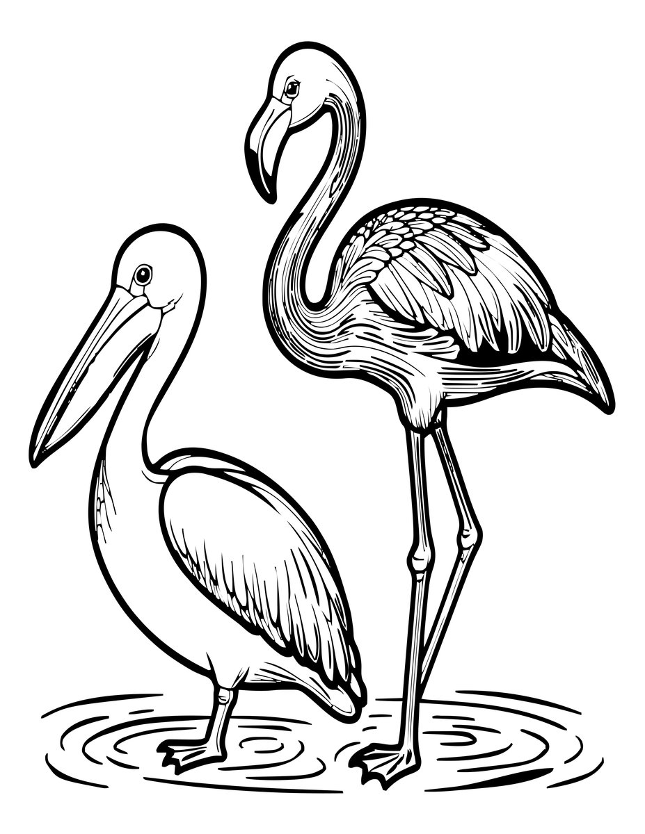 Flamingo and Pelican - free printable coloring page