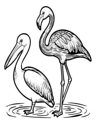 Flamingo and Pelican - Free printable coloring page