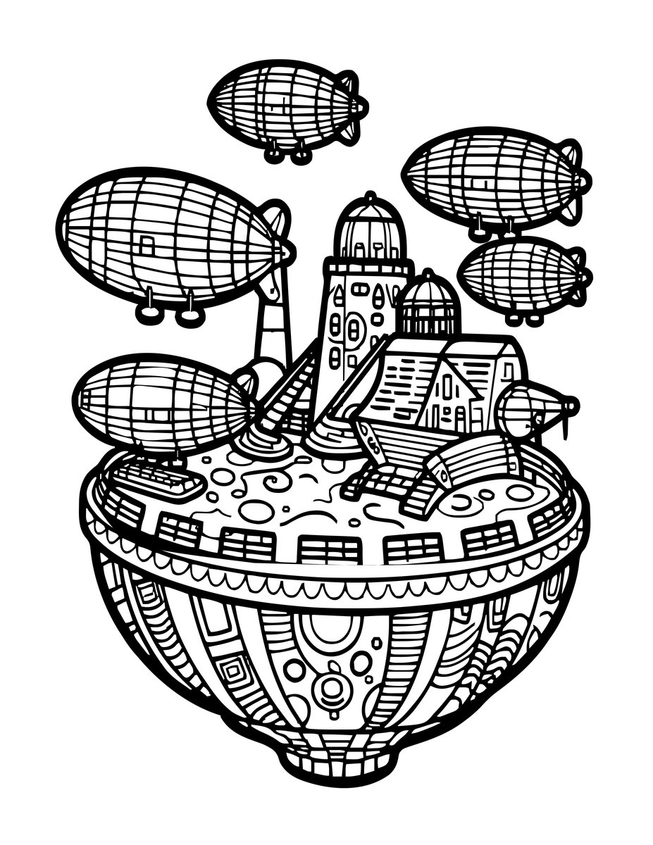 Island and Airships - free printable coloring page