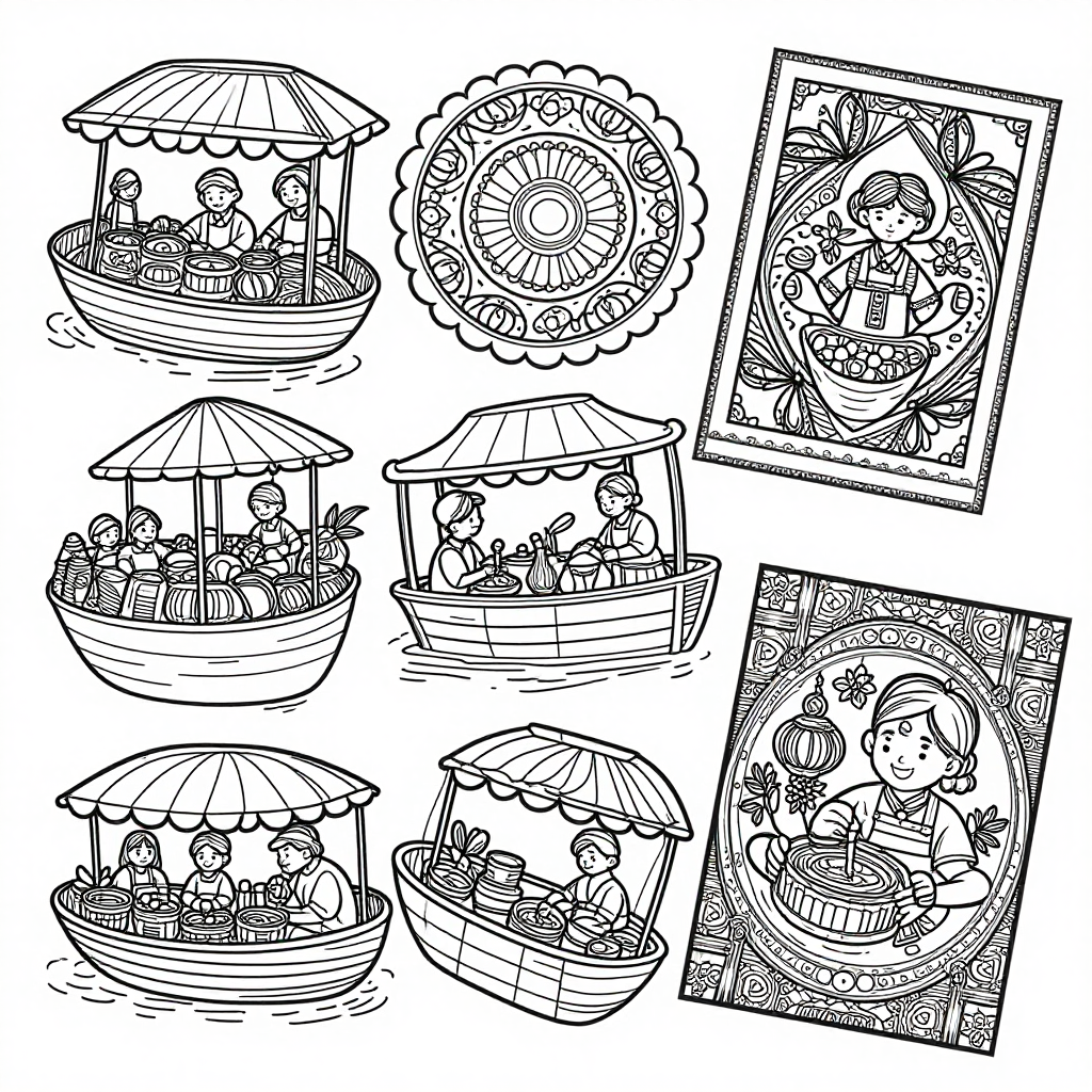 Floating Markets coloring pages collection - 30 free printable pages