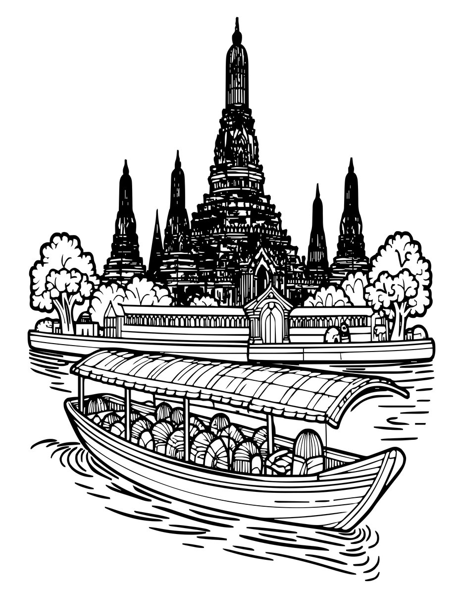 Market and Temple - free printable coloring page