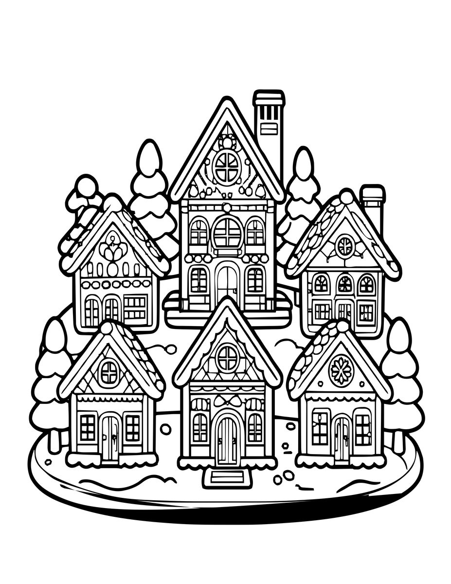 Gingerbread Village - free printable coloring page