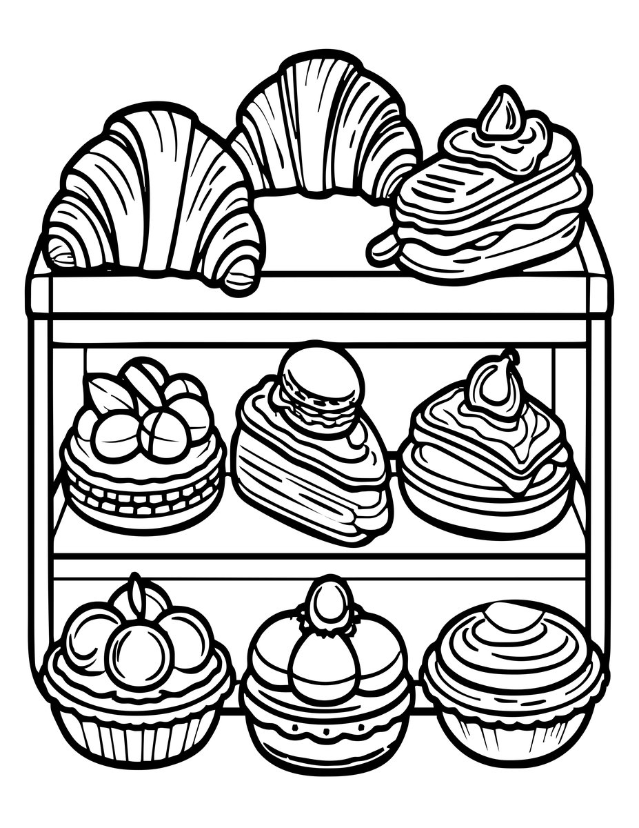 French Pastries - free printable coloring page