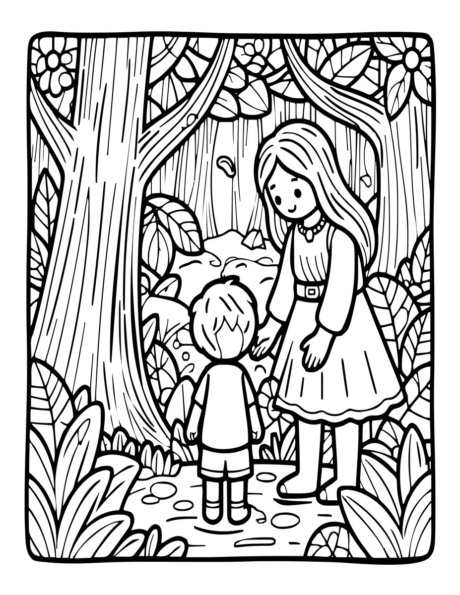 Forest Spirit and Child - free printable coloring page