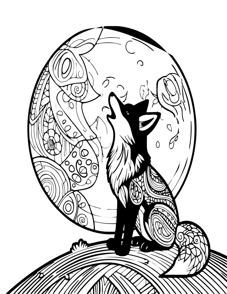 Fox and Moon - free printable coloring page