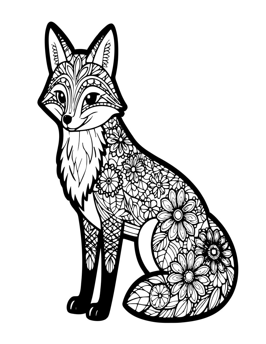 Floral Fox - free printable coloring page