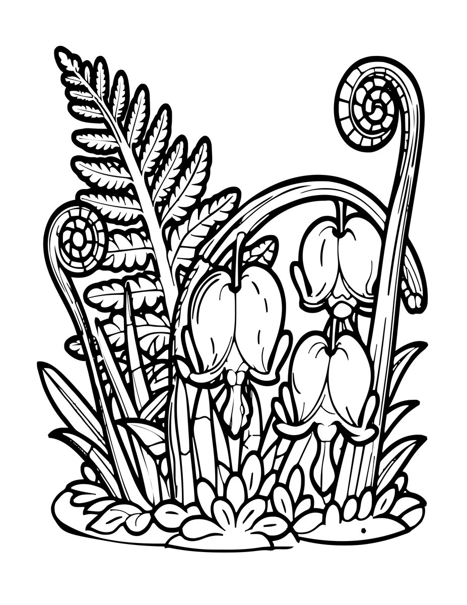 Bleeding Heart Ferns - free printable coloring page