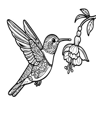 Hummingbird at Fuchsia - Free printable coloring page