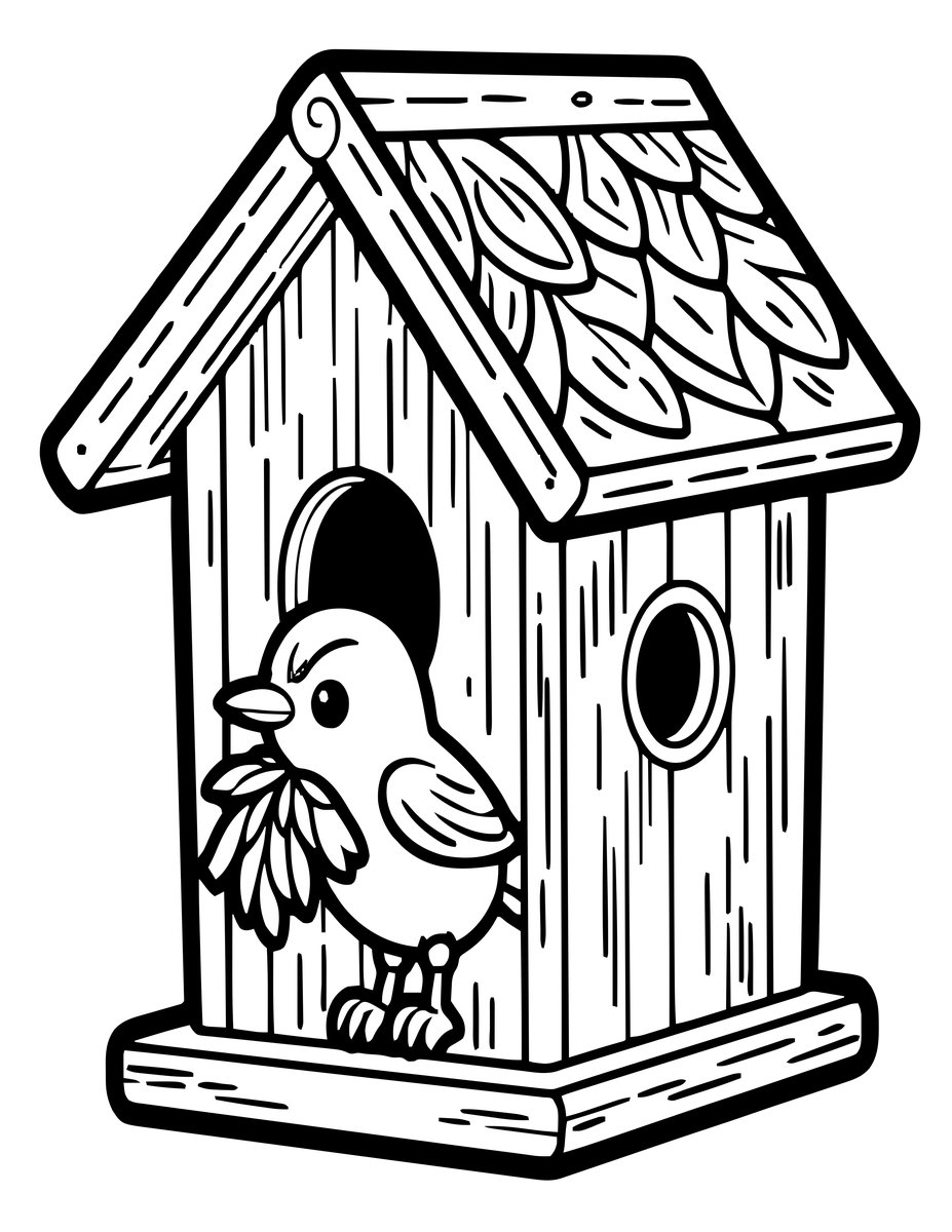 Wren in Birdhouse - free printable coloring page