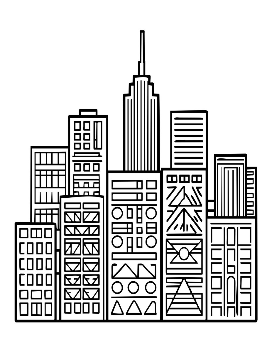 Geometric Cityscape - free printable coloring page