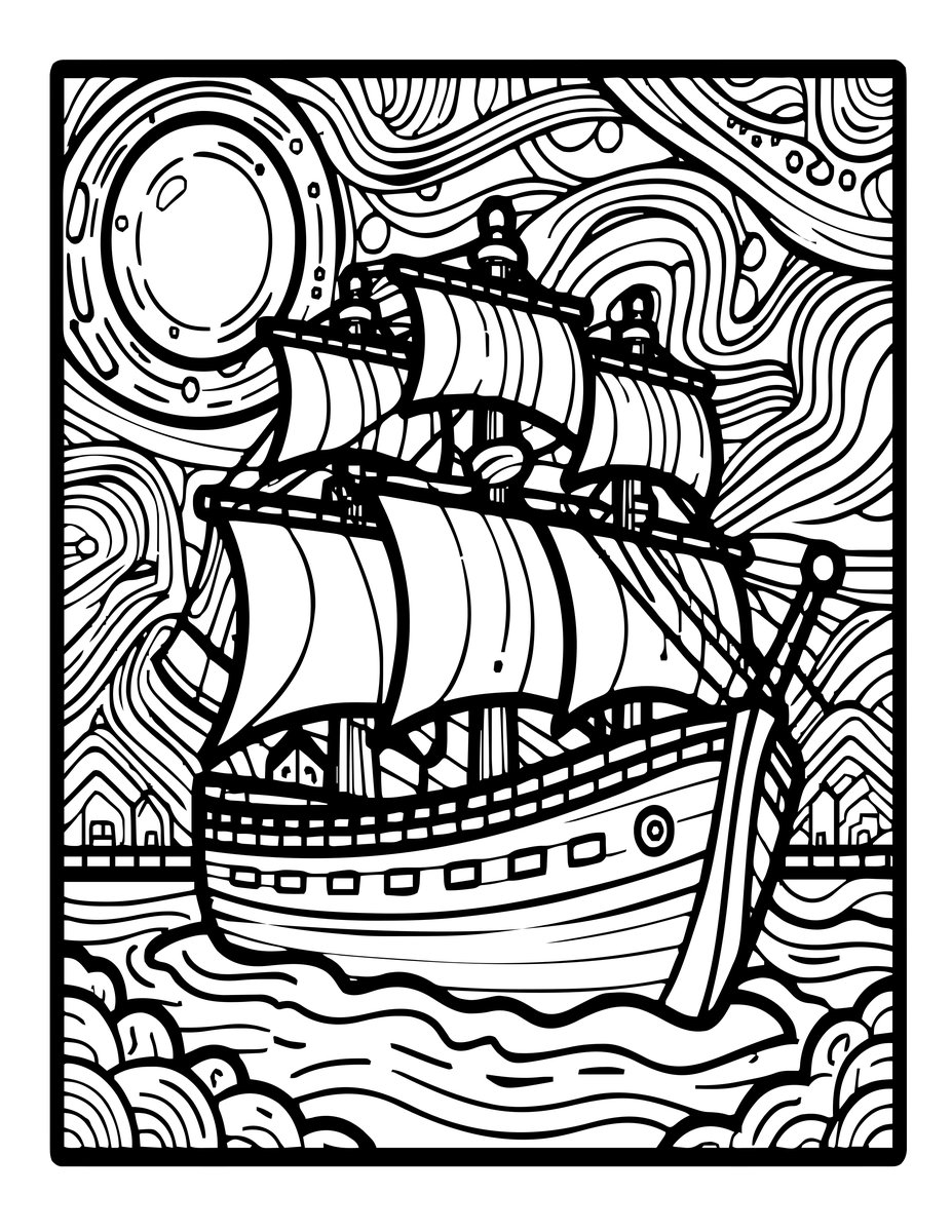 Ghost Ship Port - free printable coloring page