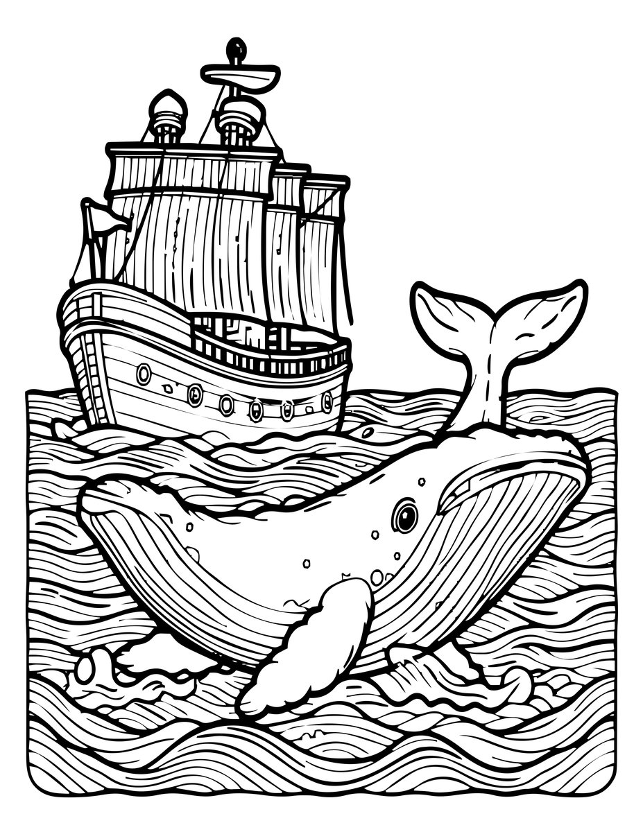 Ghost Ship and Whale - free printable coloring page