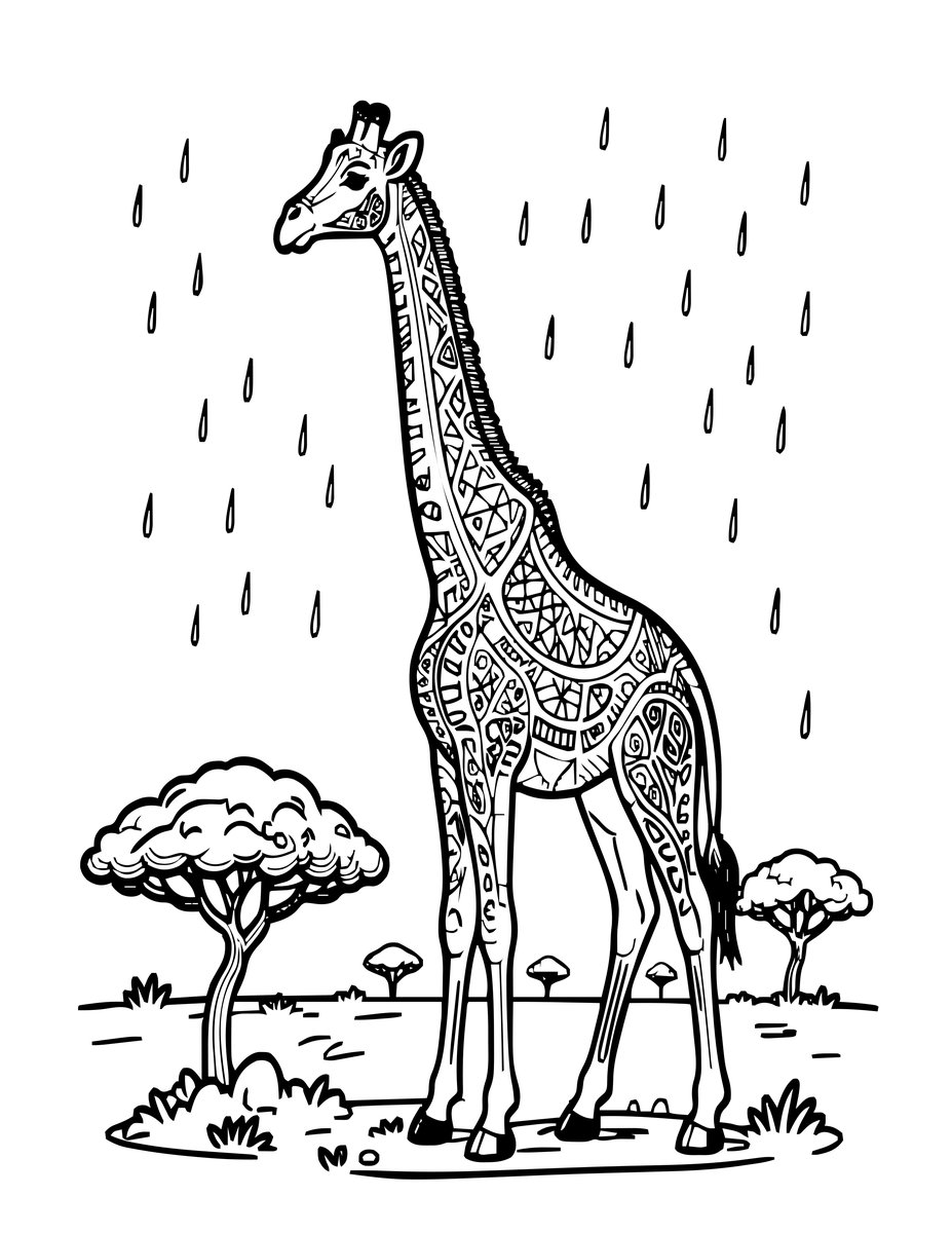 Giraffe in Rain - free printable coloring page