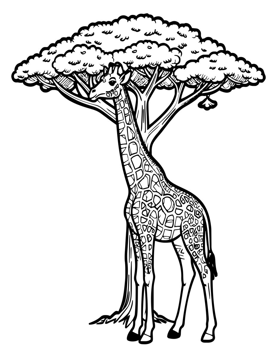 Giraffe and Acacia - free printable coloring page