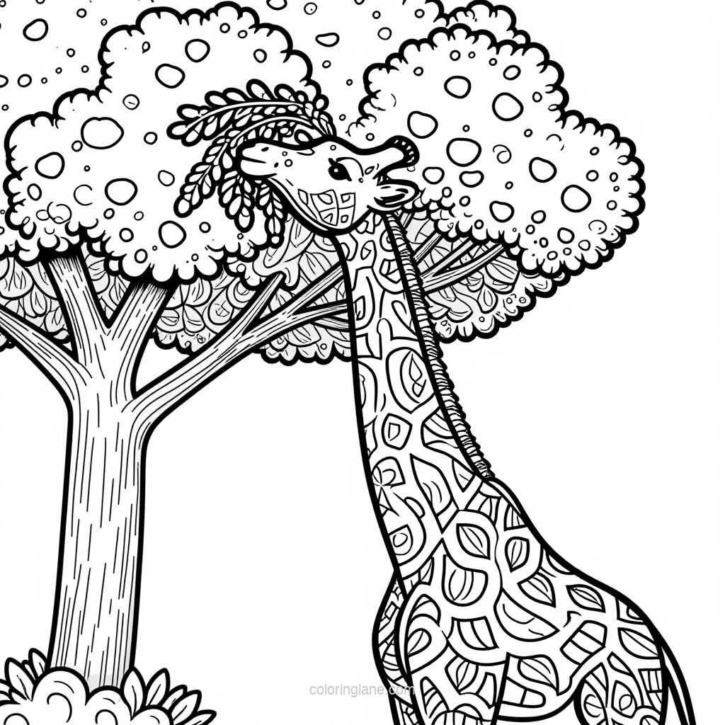 Giraffe Eating Leaves - free printable coloring page