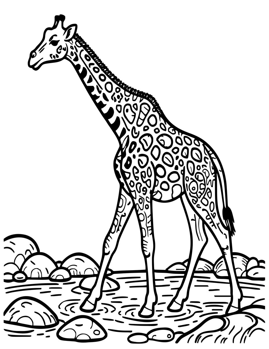Giraffe Crossing River - free printable coloring page
