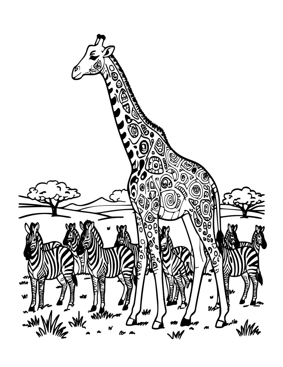 Giraffe with Zebras - free printable coloring page