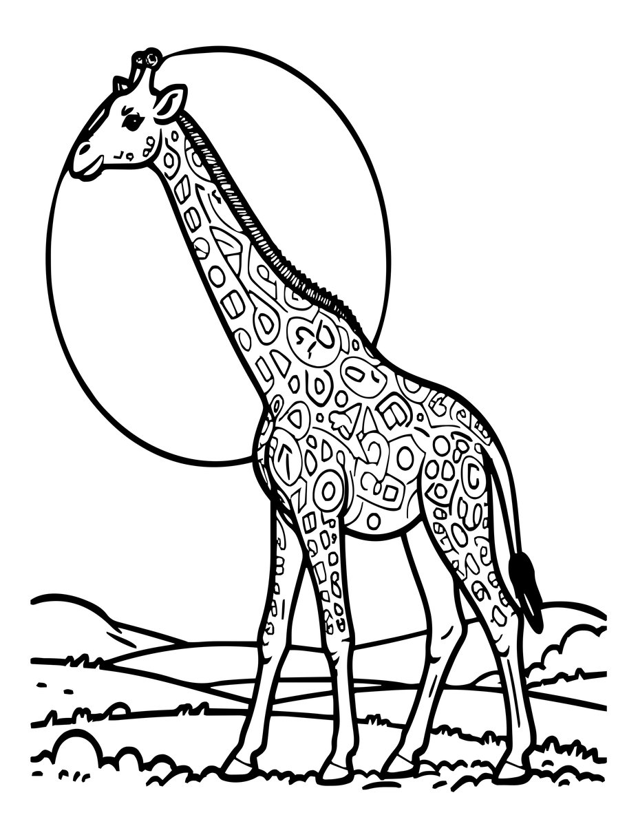 Giraffe Under Moon - free printable coloring page