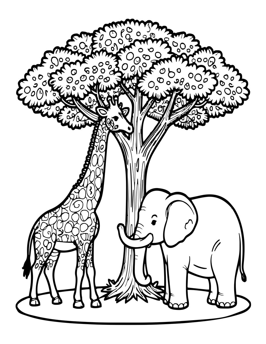 Giraffe and Elephant - free printable coloring page