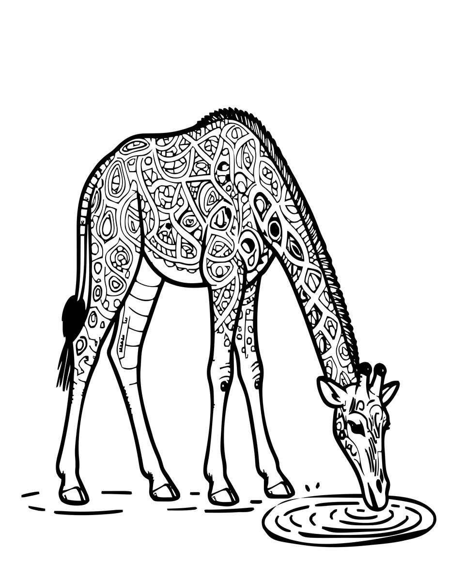 Giraffe at Waterhole - free printable coloring page