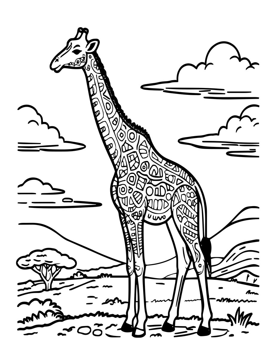 Giraffe Starry Night - free printable coloring page