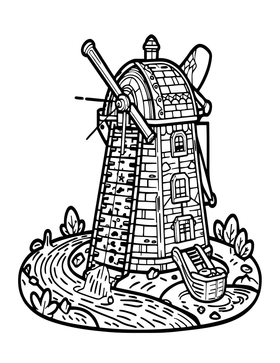 Gnome Watermill - free printable coloring page