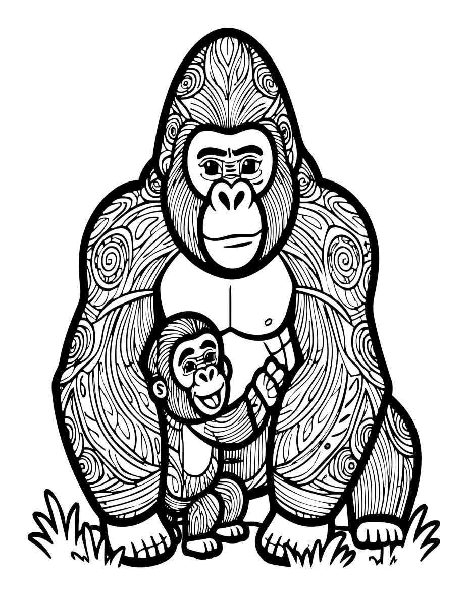 Gorilla Baby Play - free printable coloring page