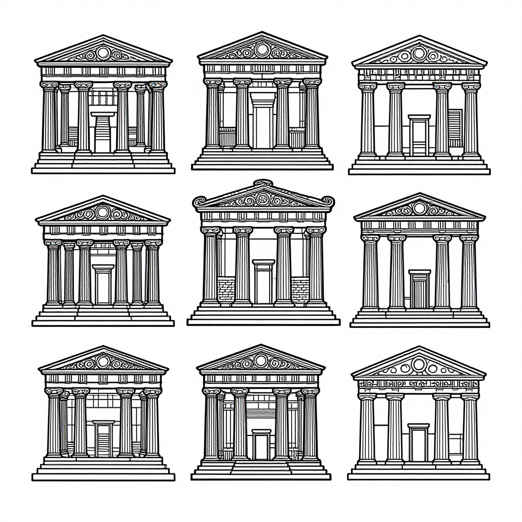 Greek Temples coloring pages collection - 30 free printable pages