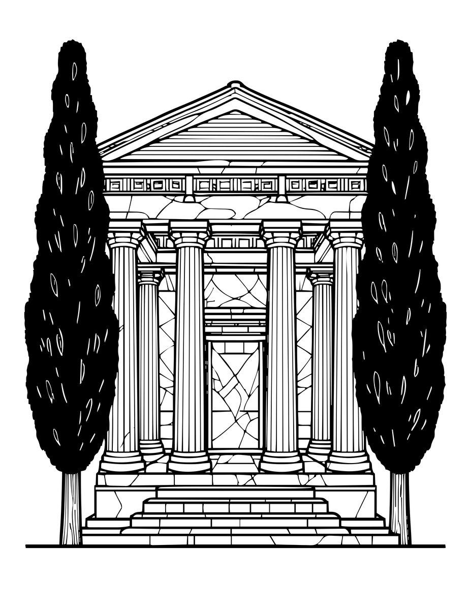Temple and Cypress - free printable coloring page