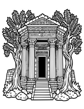 Temple and Olive Trees - Free printable coloring page