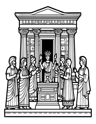 Temple and Procession - Free printable coloring page