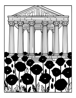 Temple and Poppies - Free printable coloring page
