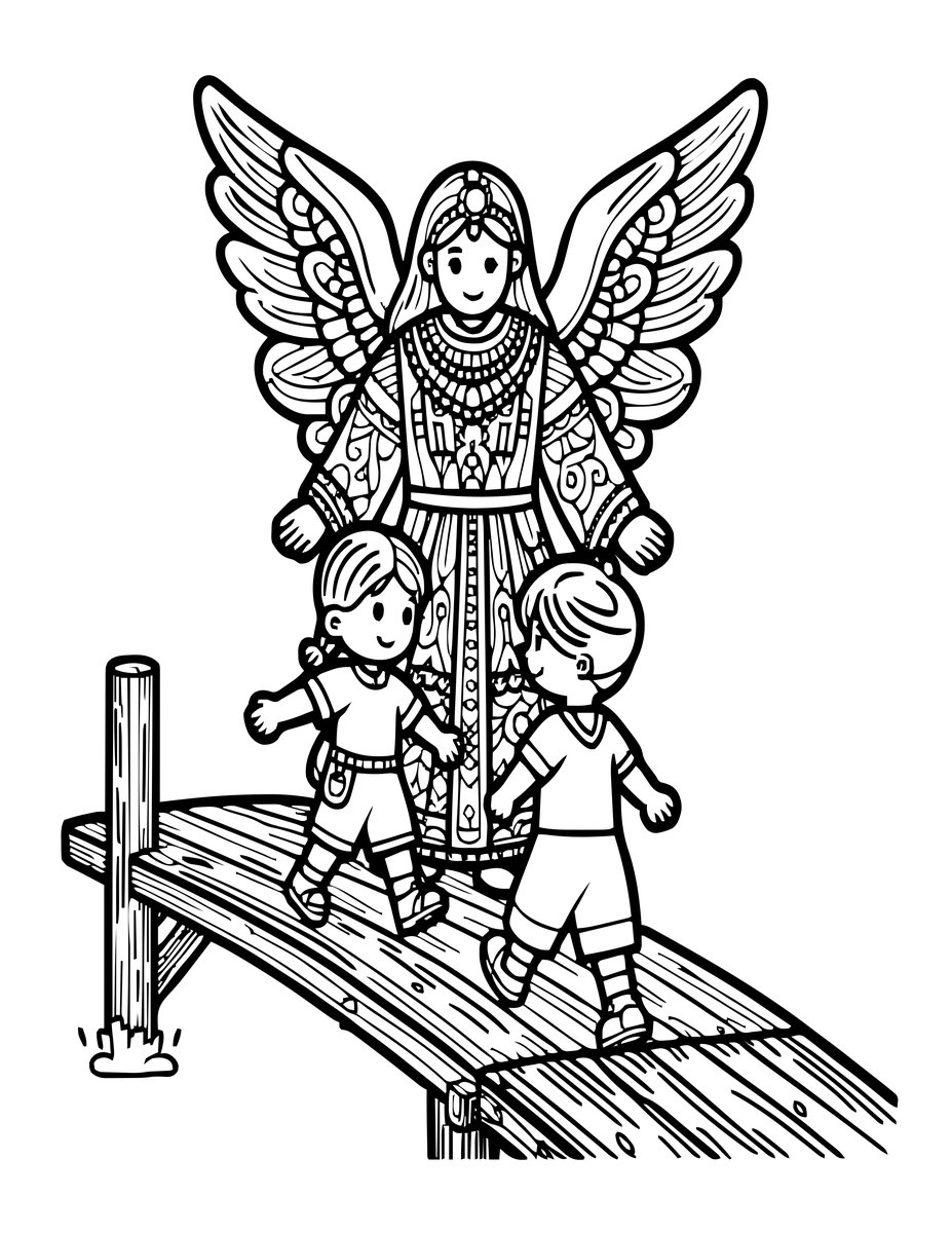 Angel and Bridge - free printable coloring page