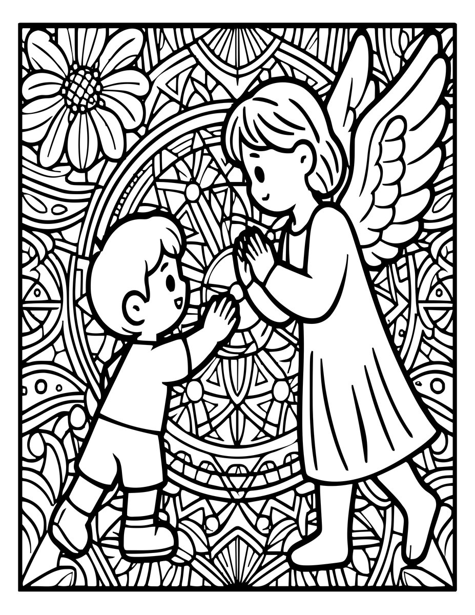 Child Sees Angel - free printable coloring page