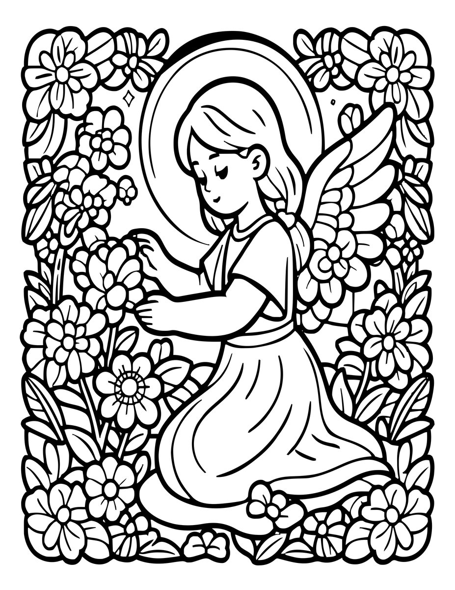 Angel and Flowers - free printable coloring page