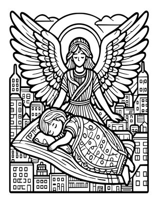 Angel Over City - Free printable coloring page