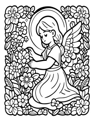 Angel and Flowers - Free printable coloring page