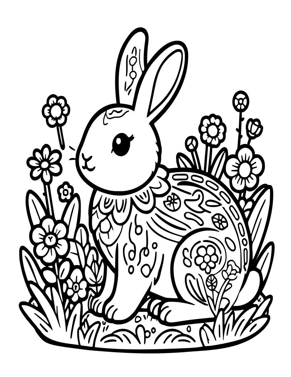 Rabbit in Flowers - free printable coloring page