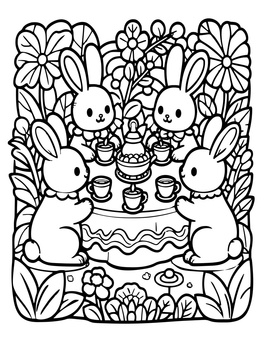 Rabbit Tea Party - free printable coloring page
