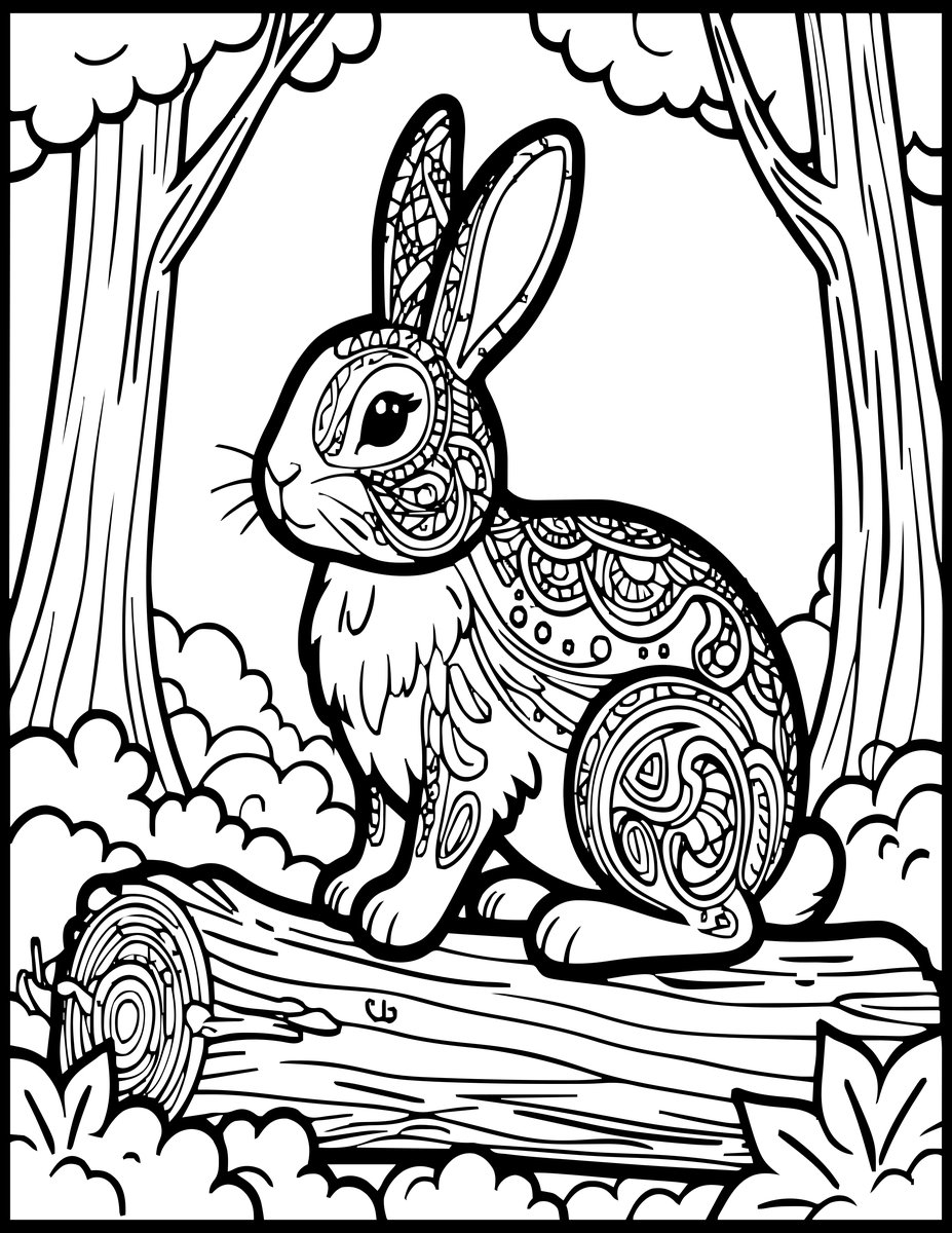 Rabbit on Log - free printable coloring page
