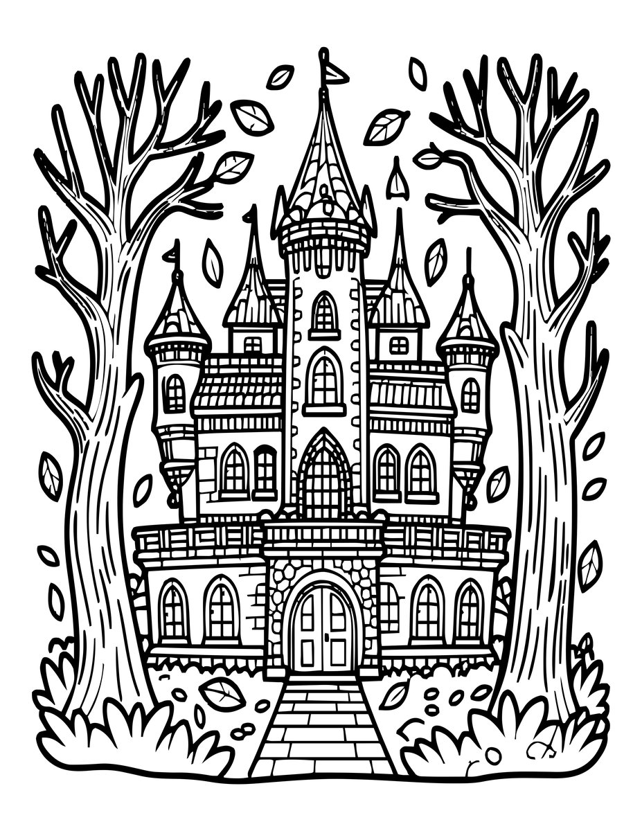 Mansion in Autumn - free printable coloring page