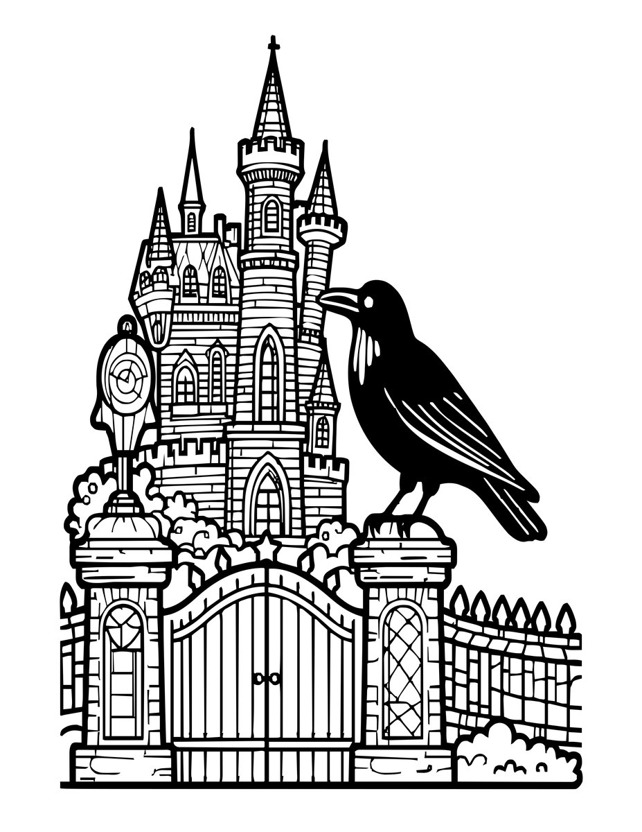 Mansion and Crow - free printable coloring page