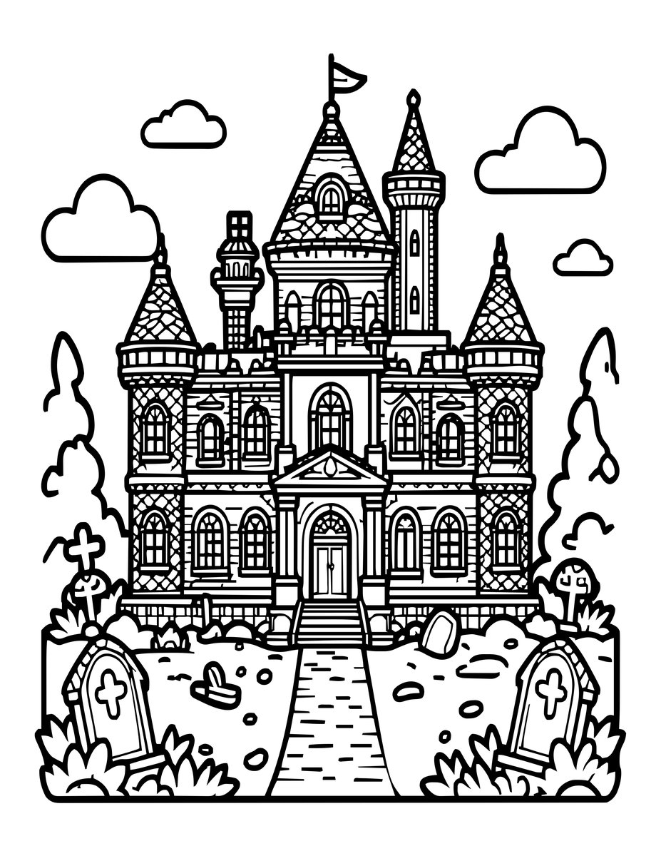 Mansion and Graveyard - free printable coloring page