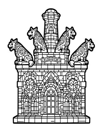 Mansion and Gargoyles - Free printable coloring page