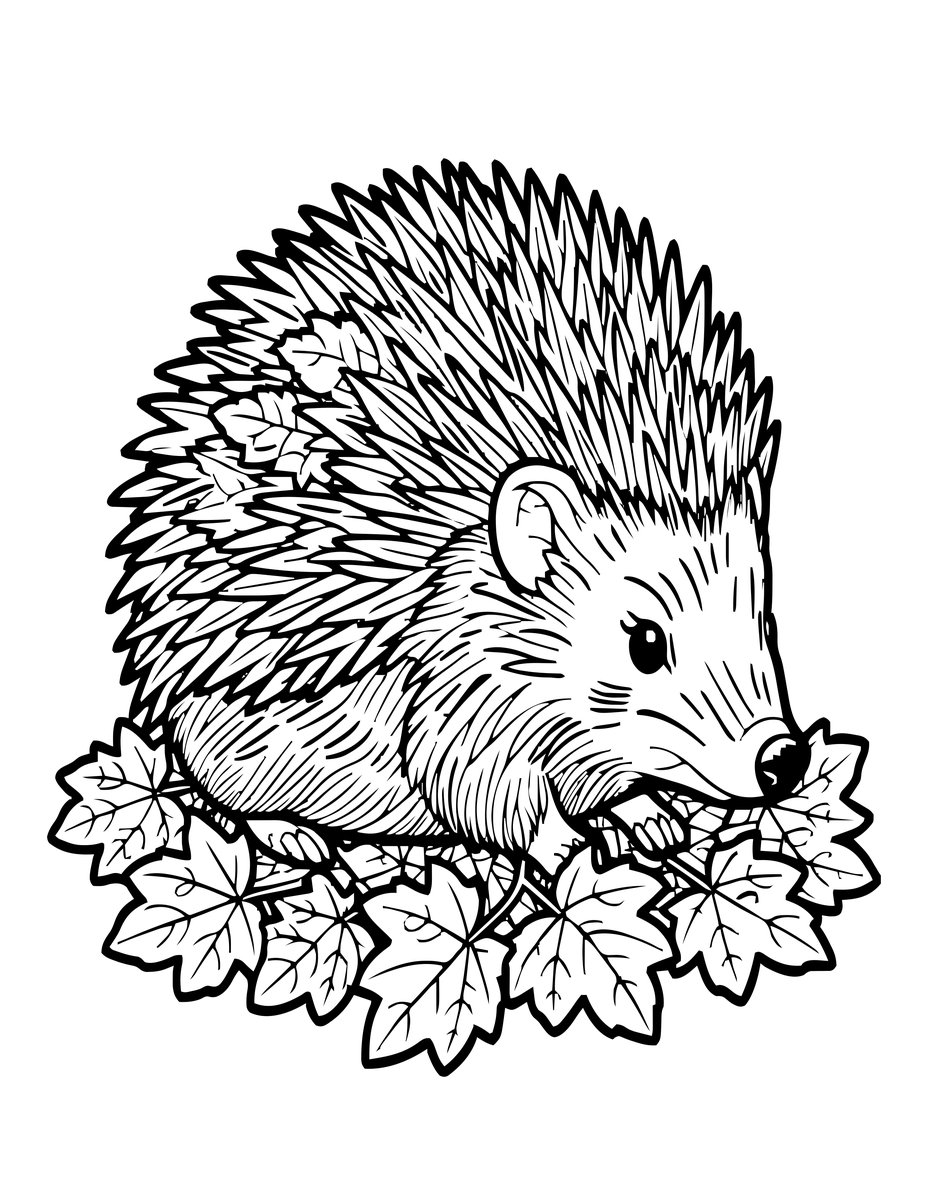 Hedgehog in Leaves - free printable coloring page