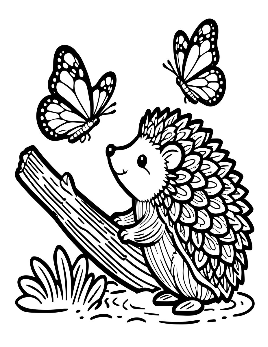 Hedgehog and Butterfly - free printable coloring page