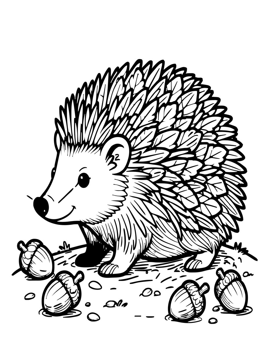 Hedgehog with Acorns - free printable coloring page