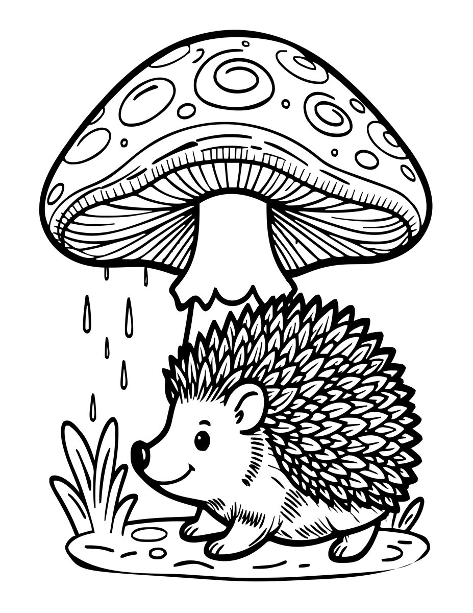 Hedgehog in Rain - free printable coloring page